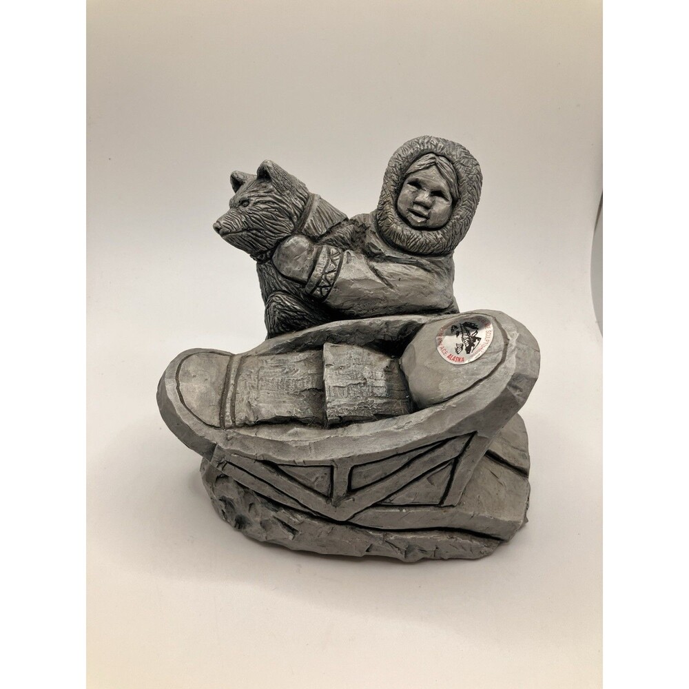 Child And Dog Glacial Ice Age Native American Sculpture Made In Alaska ACE